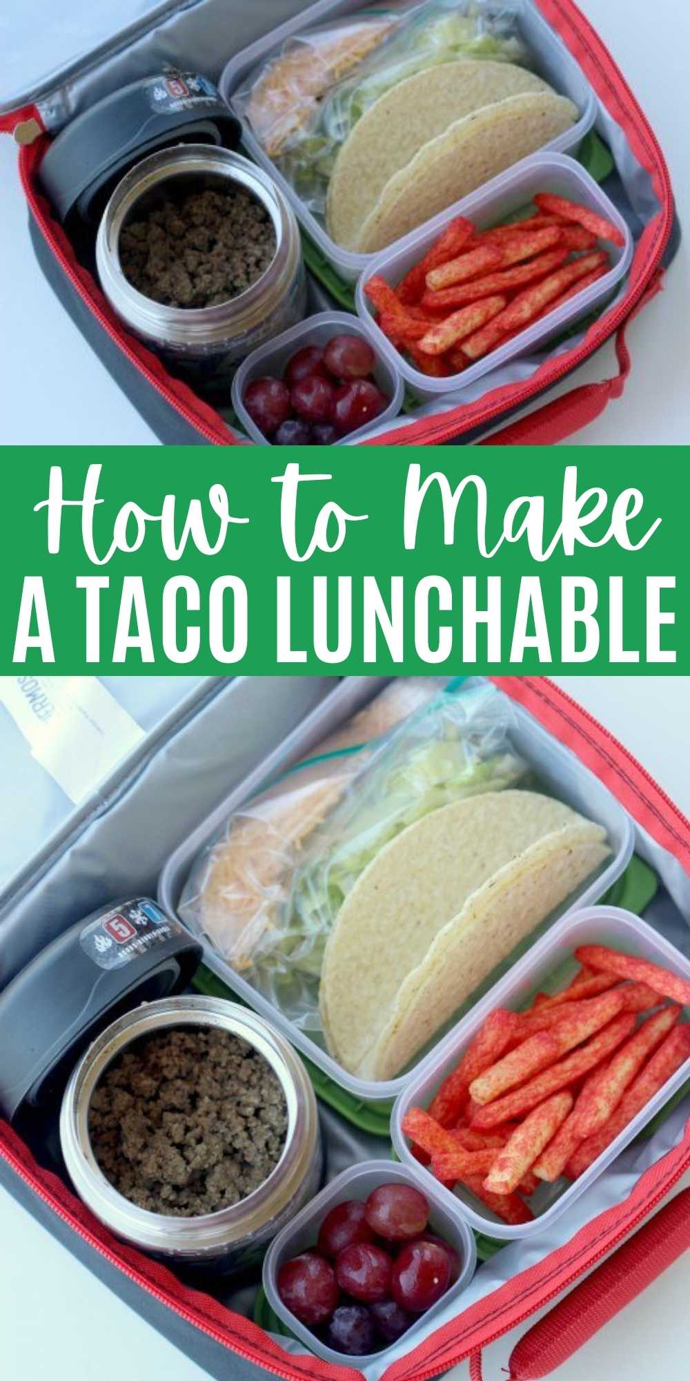 Learn how to pack tacos for lunch for kids or for adults with this homemade taco punchable recipe.  You are going to love this easy lunch idea for kids and you won’t believe the secret trick for keeping tacos warm for lunch! How to pack tacos in a lunchbox is easier than you think with this DIY Taco Lunchable!  #eatingonadime #lunchideas #lunchboxrecipes #lunchtacos #tacolunchable 
