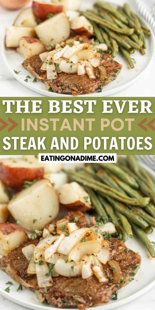 Try this yummy Instant pot steak and potatoes recipe for dinner tonight. This Pressure cooker round steak and potatoes recipe is incredibly simple and so delicious. The steak is packed with flavor and so tender. The foil pack potatoes and onions make the best side dish! Your entire family will love this recipe! This is one of my favorite instant pot recipes! #eatingonadime #instantpotrecipes #pressurecookerrecipes #steakrecipes #easydinners 
