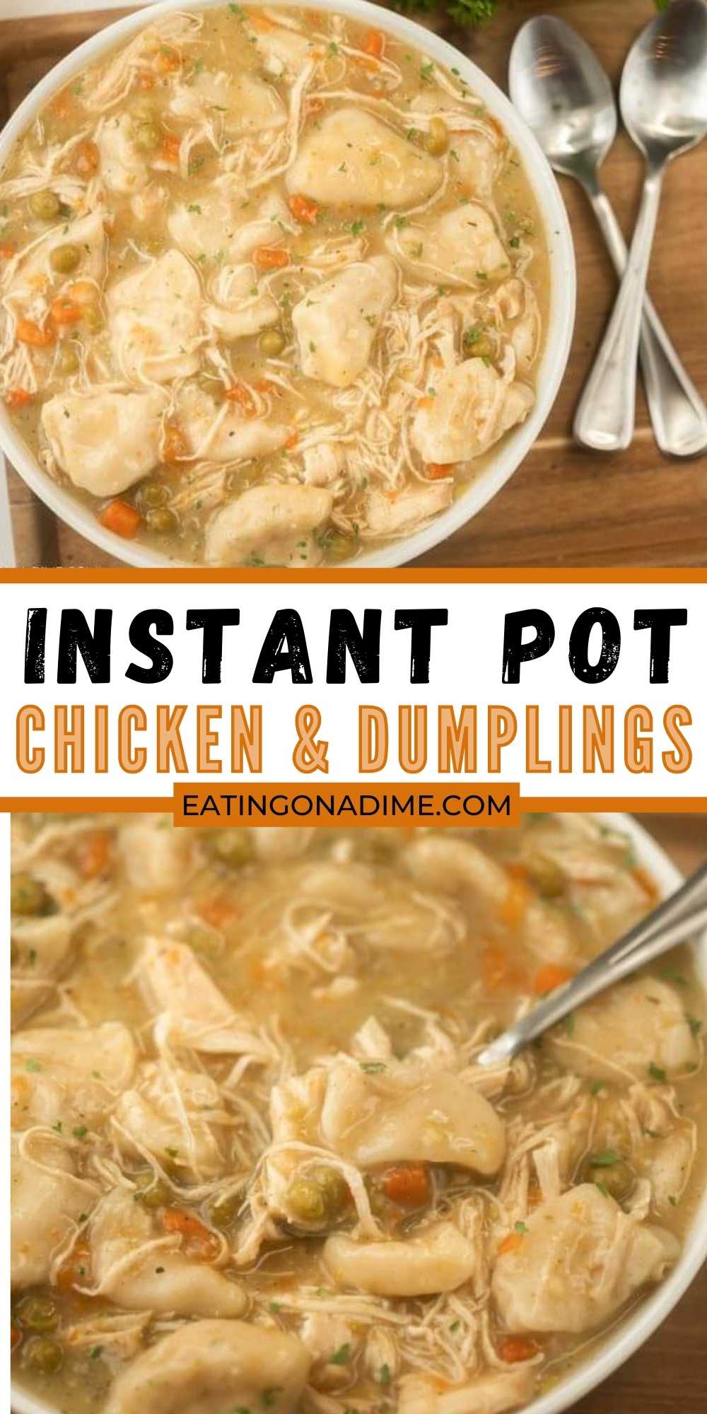 Instant Pot Chicken and Dumplings is an easy one pot meal that can be ready in 30 minutes in your Instant Pot! This simple creamy instant pot chicken and dumplings can be made with grands and frozen or fresh chicken!  The entire family will love it!  #eatingonadime #instantpotrecipes #chickenrecipes #chickenanddumplings 
