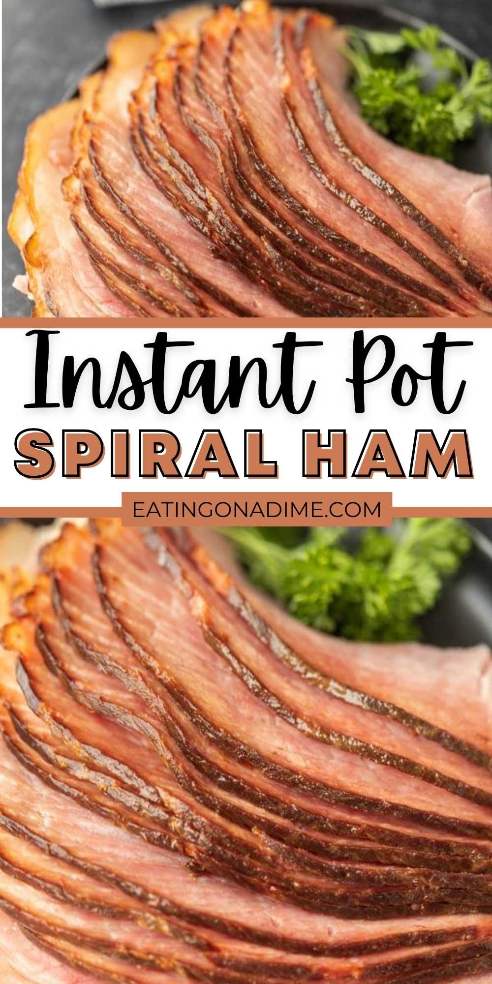 The best spiral can be made in your pressure cooker! Instant Pot Ham is easy to make with only 5 ingredients and comes out perfect every time. This instant pot ham recipe is easy to make and packed with flavor too! Pressure cooking ham is easy to do and is delicious too! #eatingonadime #instantpotrecipes #hamrecipes #pressurecookerrecipe #holidayrecipes 