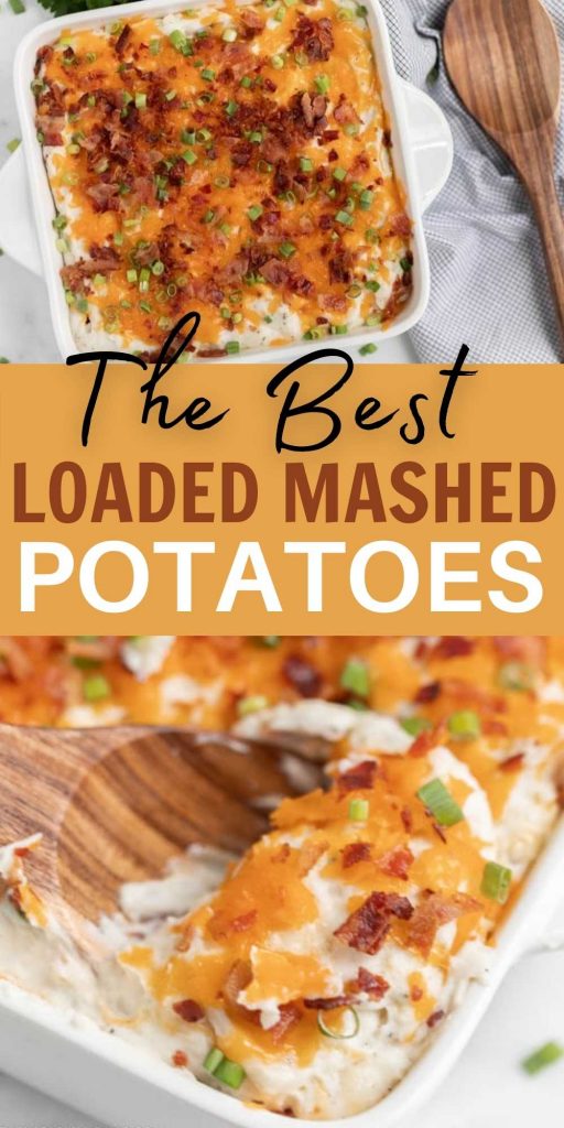 These loaded mashed potatoes are the ultimate comfort food side dish recipe! This homemade loaded mashed potato casserole is LOADED with cheese, bacon and sour cream. Everyone loves this easy and delicious loaded mashed potatoes recipe.  #eatingonadime #potatoesrecipe #loadedmashedpotatoes #holidayrecipes #sidedishrecipes 
