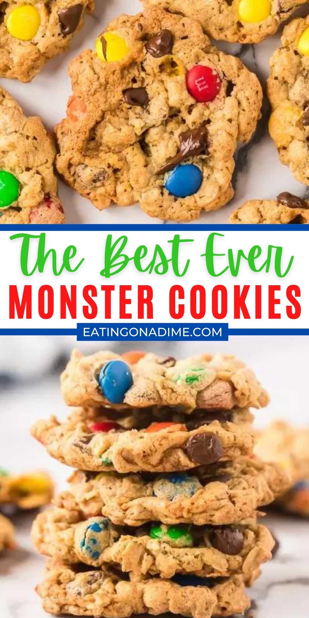 This easy to make monster cookie recipe is loaded with chocolate chips, oatmeal, M&M's and more! Each bite is soft and chewy for the best cookie. This is the best Monster cookie recipe that is easy to make too! #eatingonadime #cookierecipes #monstercookies #easydesserts 
