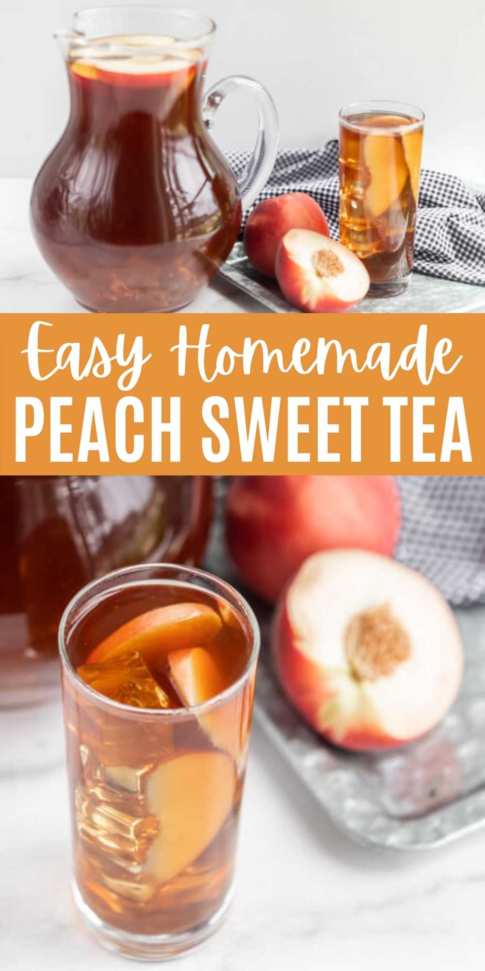 This refreshing Sweet Peach Tea recipe is easy to make and perfect for summer! It features an easy to make homemade peach syrup that makes every glass perfect every time!  Everyone will love this homemade peach tea recipe.  #eatingonadime #drinkrecipes #peachrecipes #tearecipes 
