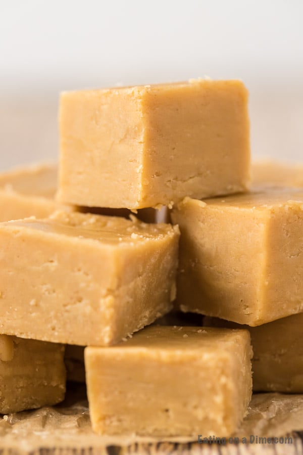 Close up image of peanut butter fudge stacked. 