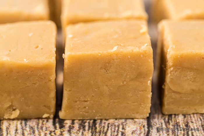 Close up image of peanut butter fudge on a table. 