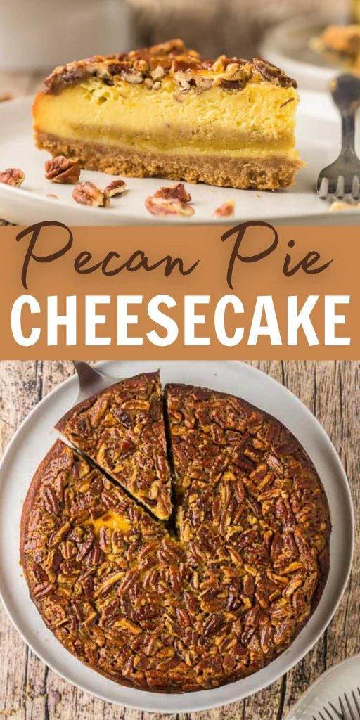 If you love pecan pie and cheesecake, you are going to love this easy to make pecan pie cheesecake recipe that is perfect for Thanksgiving or Christmas.  This is one of my favorite easy pie recipes for Thanksgiving or Christmas! #eatingonadime #pecanpierecipes #cheesecakerecipes #pierecipes 
