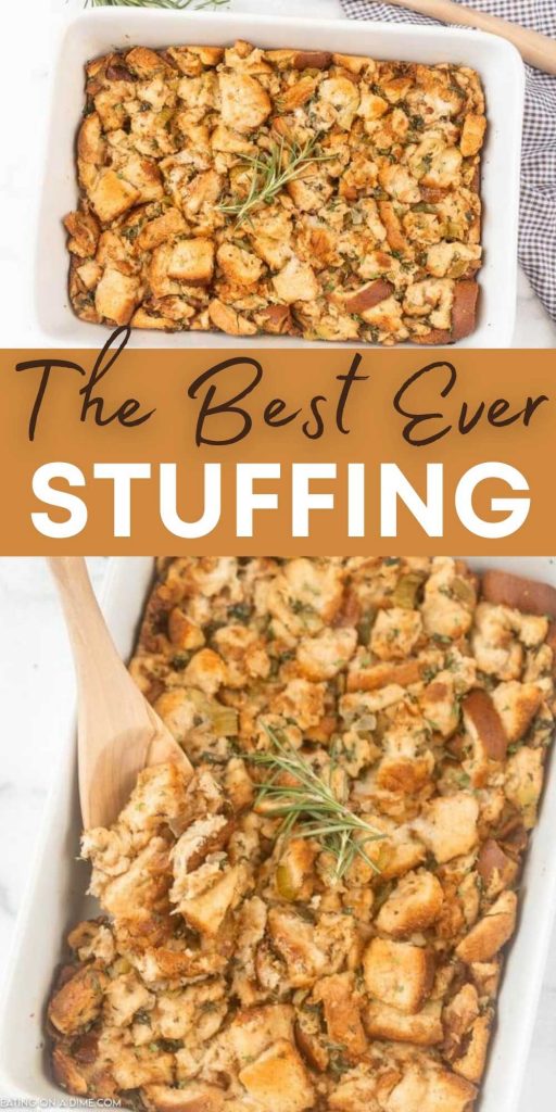 This classic and easy stuffing recipe is simple to make and the best stuffing recipe for Thanksgiving and Christmas! Celery, onions, and butter are tossed with bread cubes, then topped with broth and baked until hot and golden. This simple stuffing recipe is the best for the holidays! #eatingonadime #stuffingrecipes #holidayrecipes #sidedishrecipes #thanksgivingrecipes 
