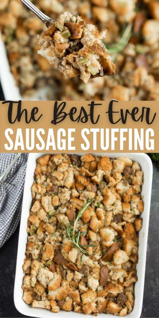 This sausage stuffing recipe is simple to make and the best stuffing recipe for Thanksgiving and Christmas! Celery, onions, and butter are tossed with bread cubes and sausage, then topped with broth and baked until hot and golden. This easy stuffing recipe is the best for the holidays! #eatingonadime #stuffingrecipes #holidayrecipes #sidedishrecipes #thanksgivingrecipes 
