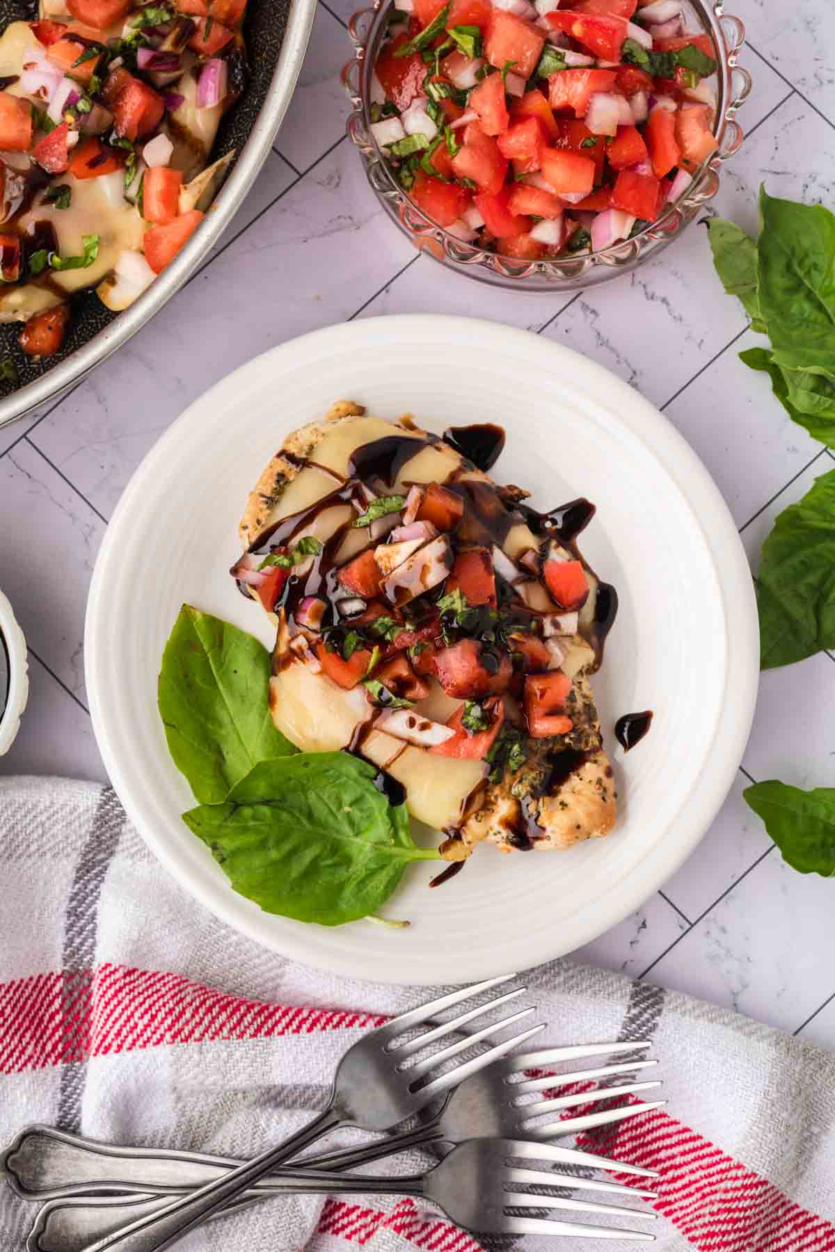 A serving of chicken bruschetta on a plate