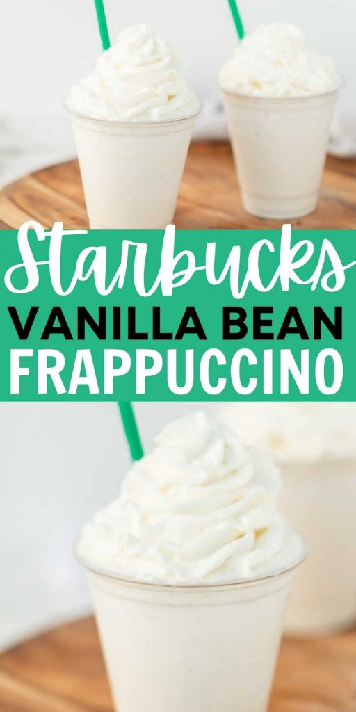 If you love Starbucks you should try this copy cat Starbucks vanilla bean frappuccino recipe. It's quick and easy to make this Vanilla Bean Frappe recipe. Save money by making your own Starbucks drinks at home.  You’ll love this easy copycat recipe.  #eatingonadime #starbucksrecipes #vanillabeanrecipes #drinkrecipes #copycatrecipes 
