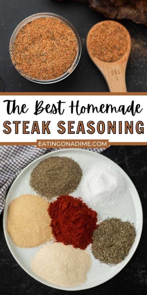 This is seriously the best and the easiest homemade steak seasoning recipe.  This homemade seasoning mix does not disappoint. This easy steak seasoning recipe is the perfect rubs for any type of steak for the grill.  You’ll love this easy to make steak seasoning recipe! #eatingonadime #seasoningrecipes #spicesrecipes #steakrecipes 
