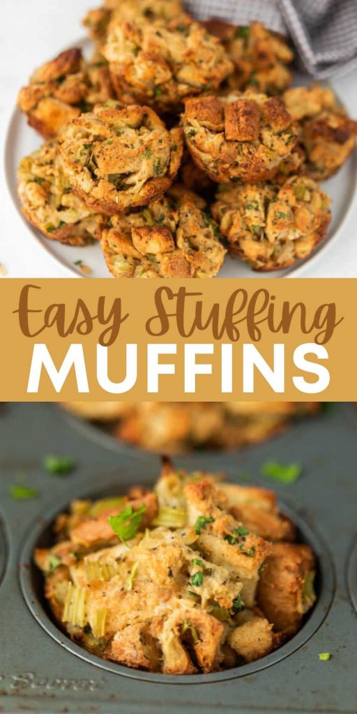 Stuffing Muffins baked in a muffin tin are easy to make and great for portion control when serving! This classic stuffing recipe is made even more easy to serve by making them in a muffin! This is one of our favorite holiday side dish recipes.  #eatingonadime #stuffingrecipes #holidayrecipes #sidedishrecipes 
