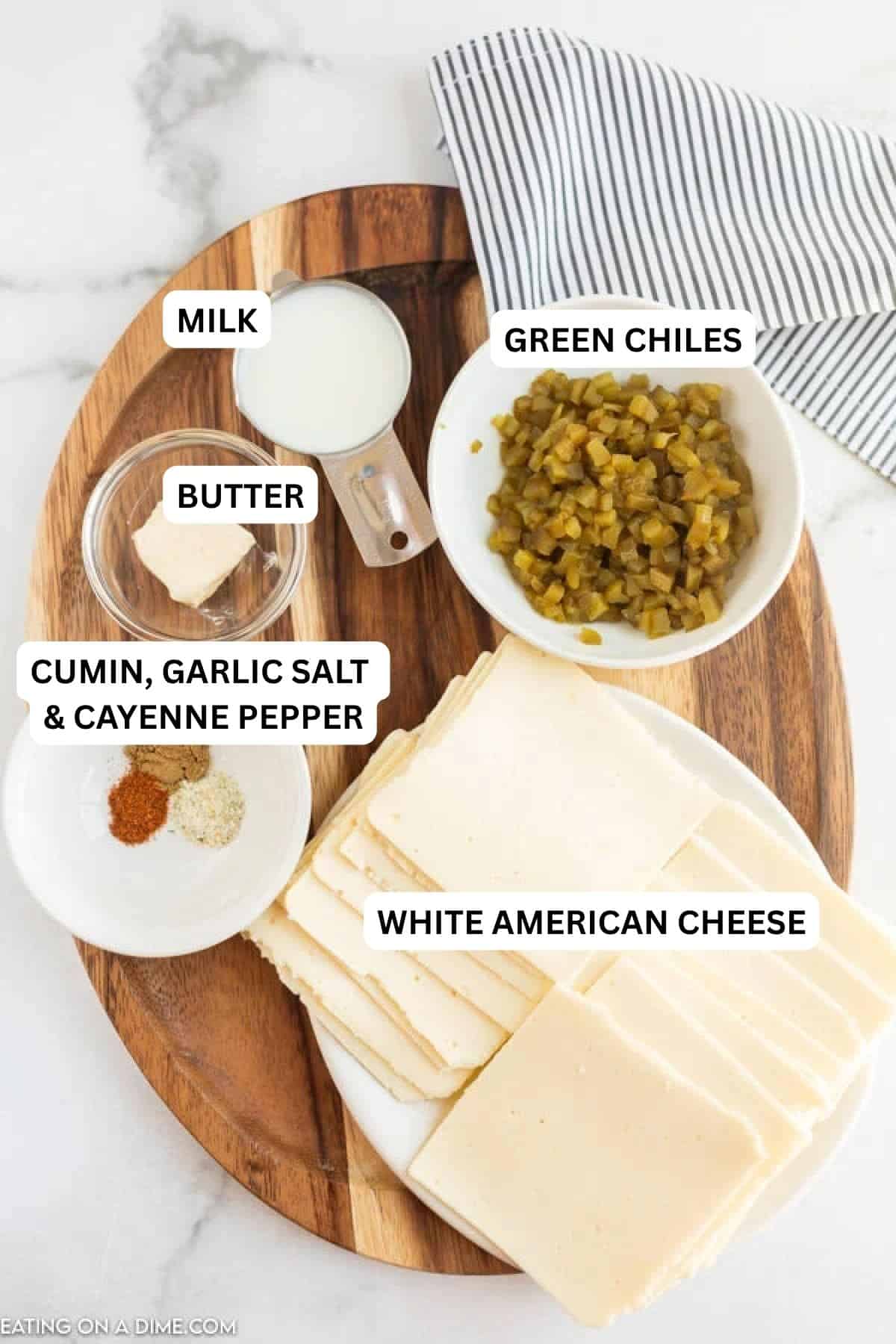 Ingredients needed for recipe - white American cheese, milk, butter, green chiles, cumin, garlic salt, cayenne pepper.