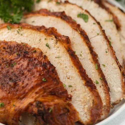 Sliced Air Fryer Turkey Breast on a platter.