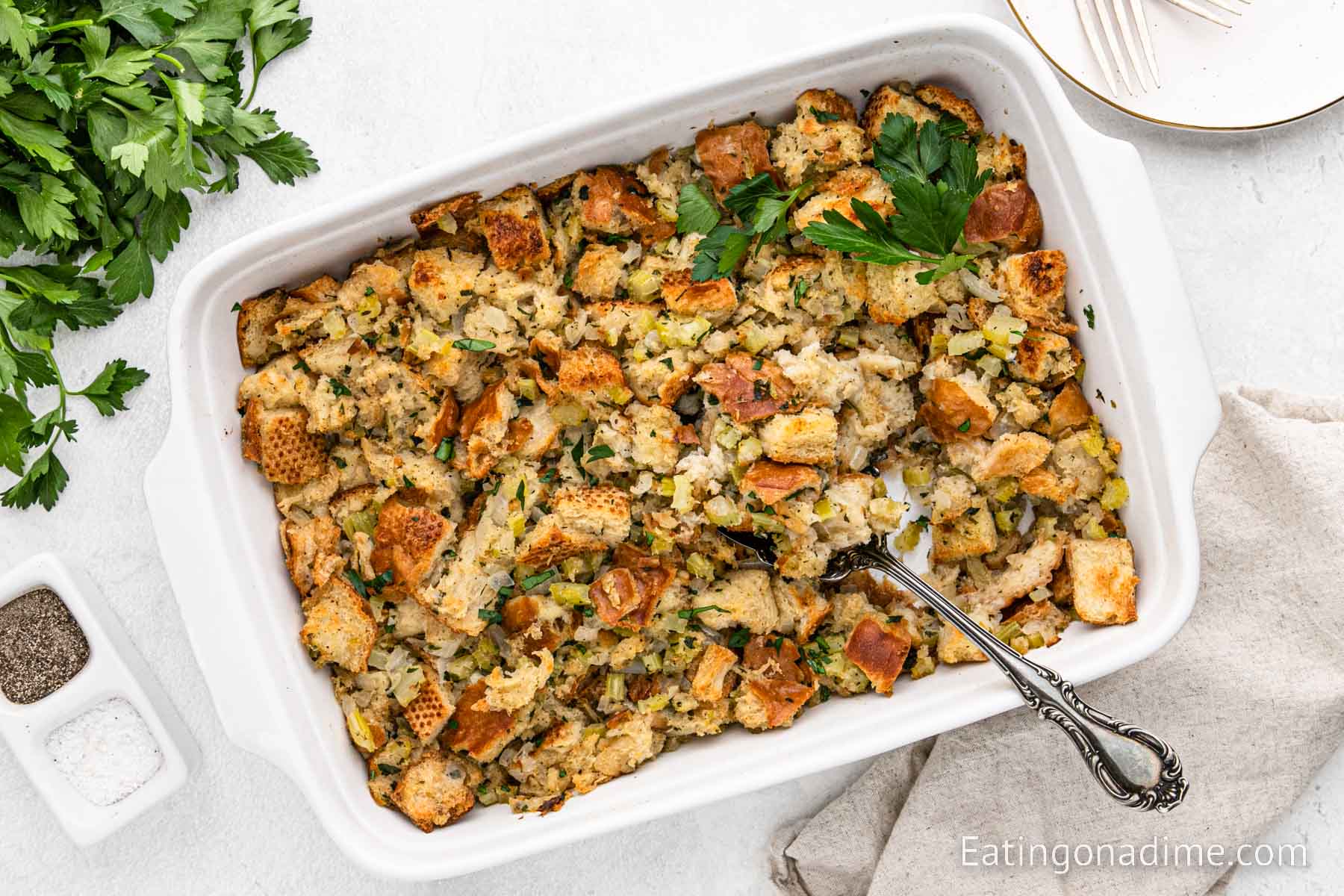 Close up image of stuffing in baking dish