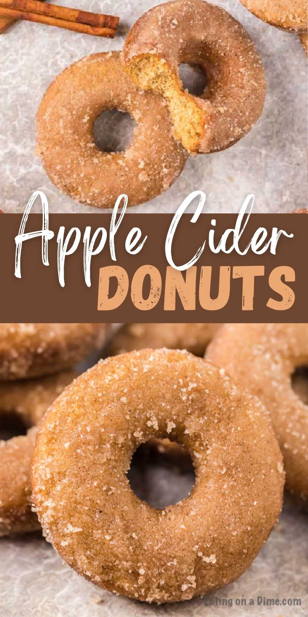 Try these easy and delicious Apple Cider Donuts! While these doughnuts are baked using a donut pan, they can easily be made into doughnut holes by using a mini muffin pan. These apple cider baked donuts are easy to make and tastes amazing too!  #eatingonadime #donutrecipes #appleciderrecipes #fallrecipes #easydonuts 