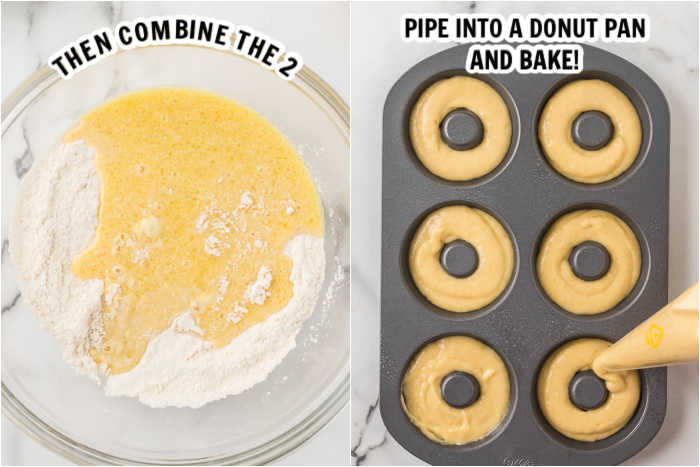 Close up image of mixing the donuts and putting them in the donut pan. 