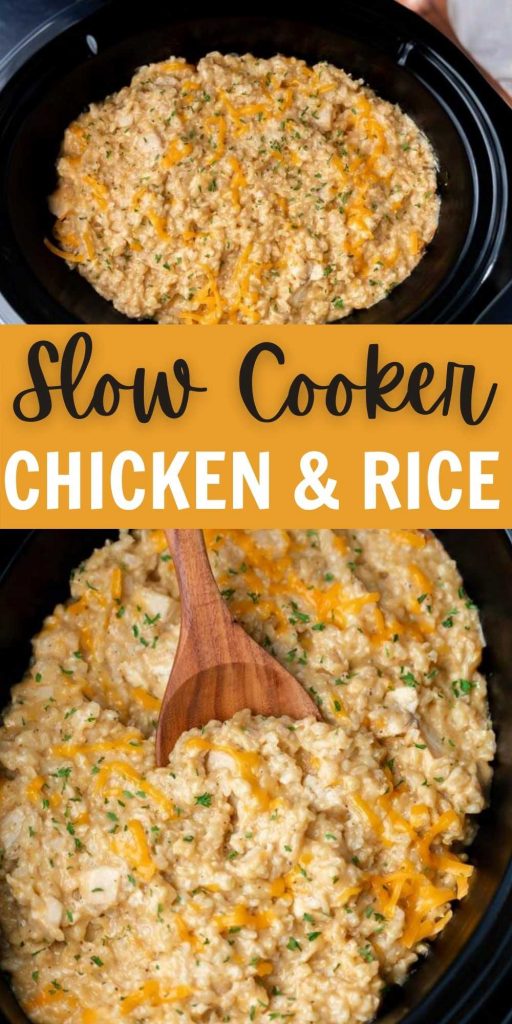 Get dinner on the table fast with this easy to make Crock Pot Chicken and Rice Recipe. The tender chicken and cheesy rice make an amazing meal your family will love. Everyone in your family will love this easy chicken recipe.  It’s an easy weeknight meal for the entire family! #eatingonadime #chickenrecipes #chicken #rice #crockpotrecipes #crockpot 
