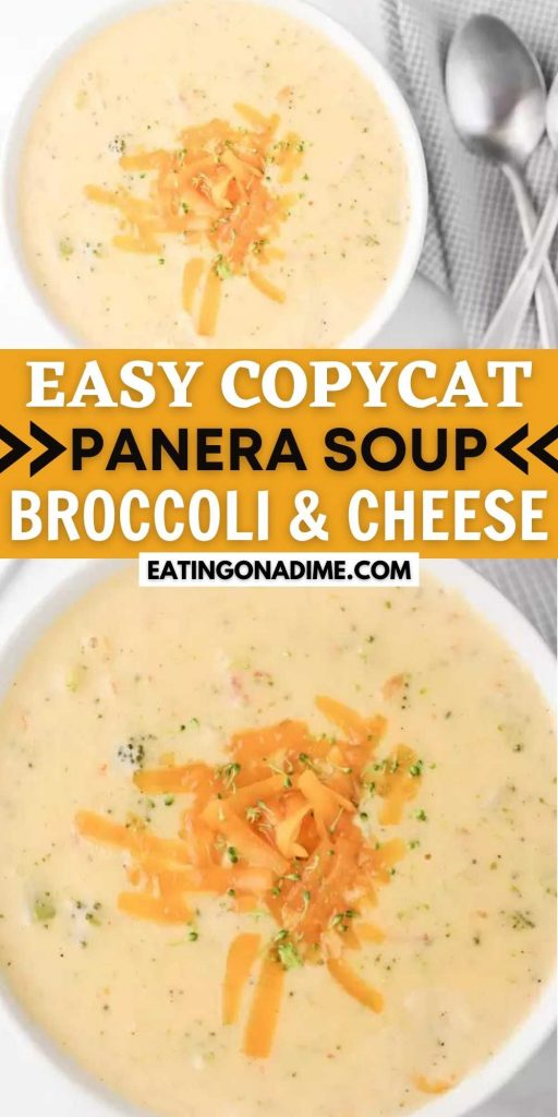 Here is an easy copycat Panera broccoli cheese soup recipe. Panera broccoli cheese soup recipe is easy to make and will save you money.  This stovetop copycat Panera Bread Broccoli Cheese Soup is easy to make too!  #eatingonadime #souprecipes #panerarecipes #copycatrecipes 
