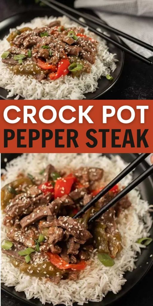 Need an easy crock pot recipe? This Crockpot Pepper Steak Recipe is delicious! Easy to make slow cooker pepper steak recipe is simple to make. The entire family will loved this Chinese pepper steak recipe made in the crock pot! #eatingonadime #peppersteak #chineserecipes #crockpotrecipes #slowcookerrecipes 
