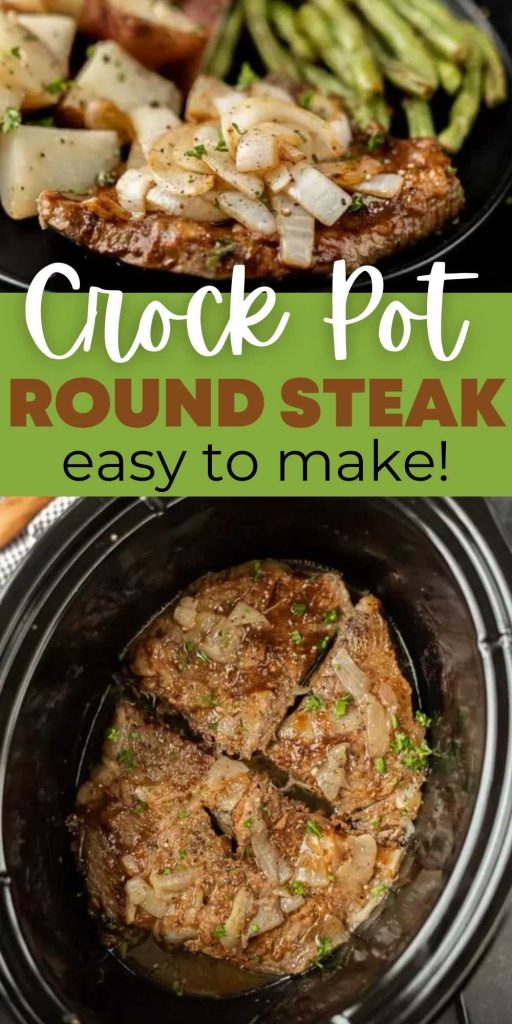 This tangy crock pot steak recipe is so easy to make. It makes inexpensive cuts of meat taste delicious just by using your crockpot. You will love this simple crock pot steak and potatoes recipe that is packed with flavor and simple to make too!  This is one of my favorite easy crock pot recipes.  #eatingonadime #crockpotrecipes #slowcookerrecipes #steakrecipes #beefrecipes 
