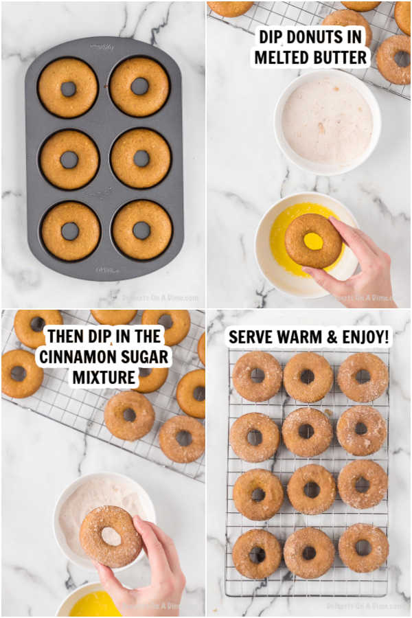 Photos showing how to put the topping on these donuts.  The donuts baked, then dipped in the melted butter and then dipped in the cinnamon sugar mixture 