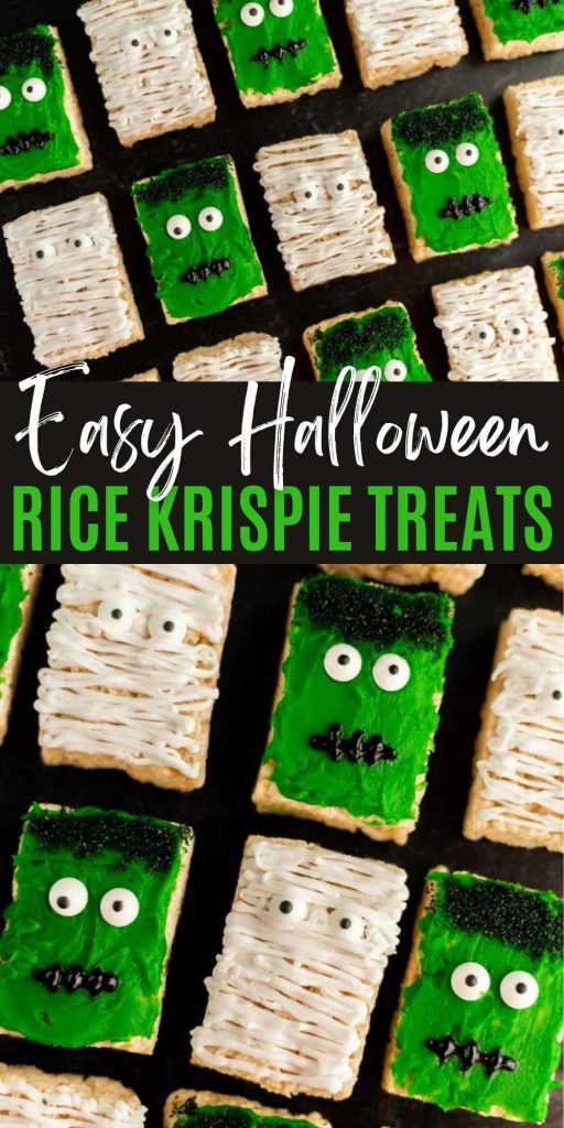 Looking for a cute Halloween treat idea? You are going to love these easy Halloween Rice Krispie Treats. Decorate them in only 10 minutes! This is one of the easiest and the best Halloween Rice Krispie Treat ideas! #eatingonadime #halloween #halloweendesserts #ricekrispietreats #easydesserts 
