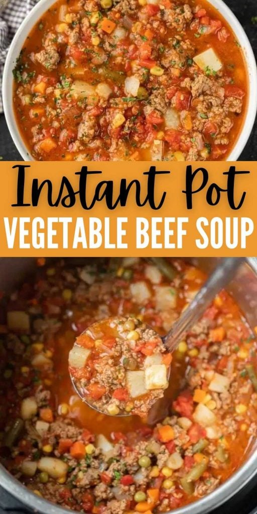 Try this tasty Instant Pot Beef Vegetable Soup Recipe - ready in 20 minutes! This soup is crazy easy because there isn't much chopping needed. Just toss in the instant pot and go! This Instant Pot vegetable beef soup is easy to make and packed with tons of flavor too!  The entire family will love it.  #eatingonadime #souprecipes #instantpotrecipes #pressurecooker #beefrecipes 
