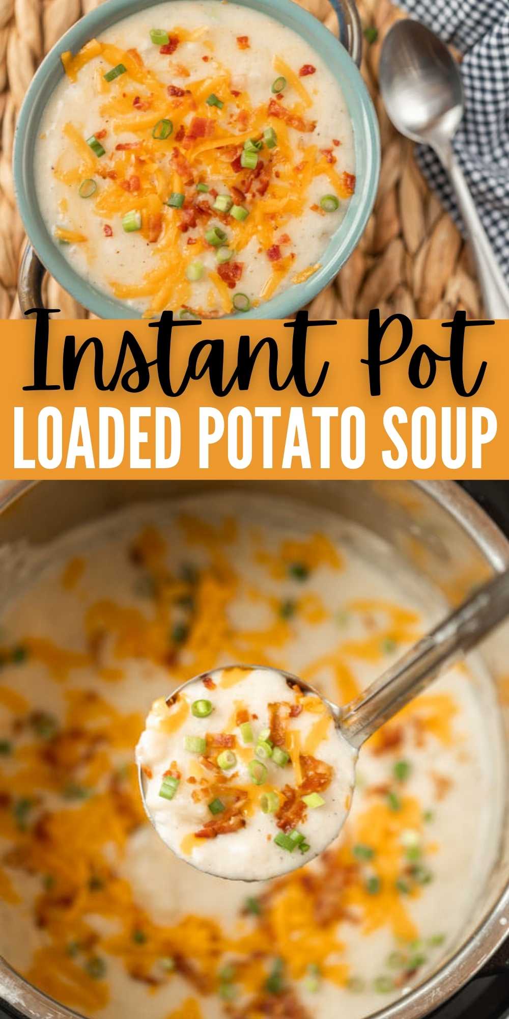 Everything you love about a loaded baked potato is packed in this Instant Pot Loaded Baked Potato Soup recipe. Budget friendly and ready in only 10 minutes. This instant pot potato soup recipe is easy to make and delicious too with cream cheese.  This is one of the best and the easiest soup recipes. #eatingonadime #instantpotrecipes #pressurecookerrecipes #souprecipes 
