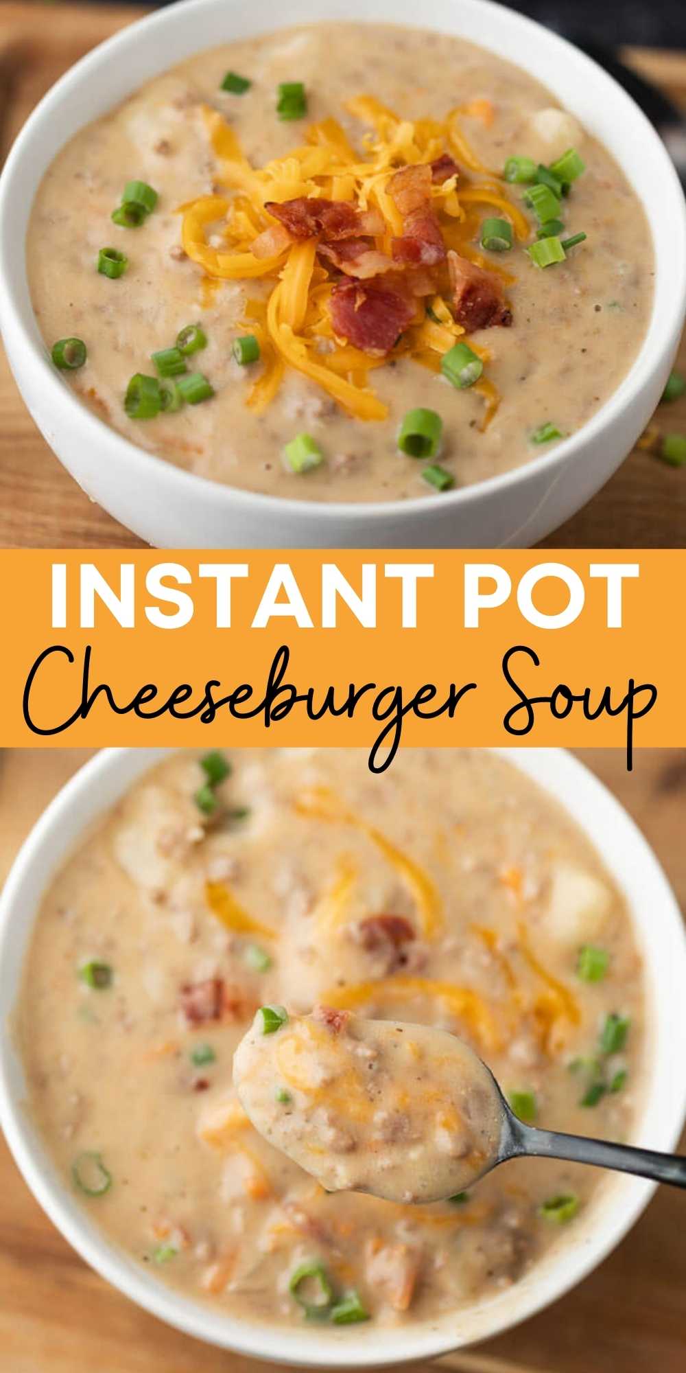 Instant Pot Cheeseburger Soup is a creamy and cheesy soup loaded with potatoes, ground beef, carrots and much more!  You will love this easy and simple, hearty soup recipe.  This pressure cooker cheeseburger soup is easy to make and packed with flavor too!  #eatingonadime #instantpotrecipes #souprecipes #pressurecookerrecipes 