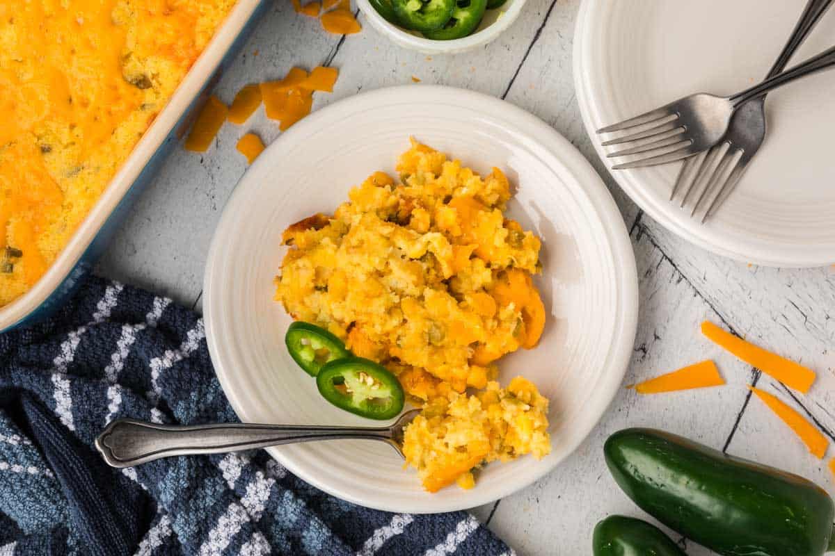 A serving of jalapeno corn casserole on a plate