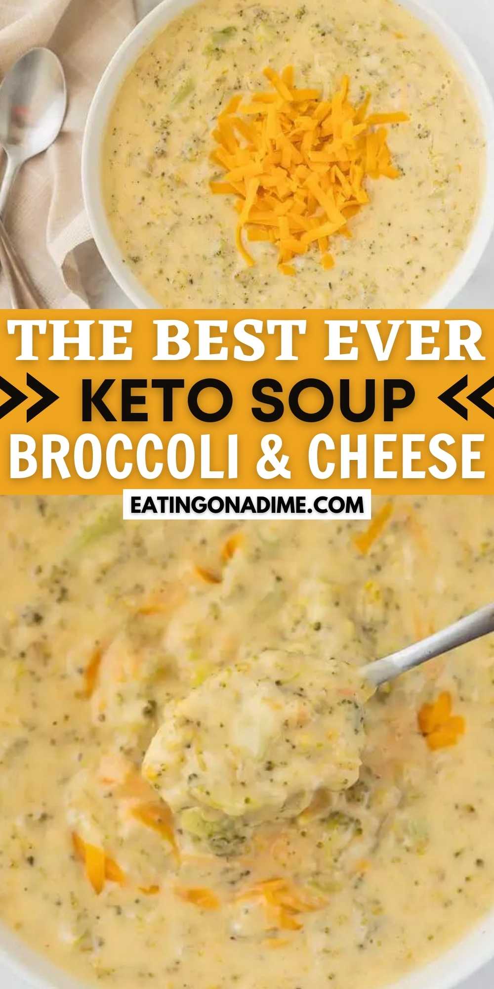 Enjoy Keto Broccoli Cheese Soup Recipe without any guilt. Keto Broccoli Cheese soup is loaded with broccoli and cheese plus low carb! So simple and easy. Everyone loves this easy to make broccoli cheese soup that is healthy too!  #eatingonadime #souprecipes #ketorecipes #lowcarb 
