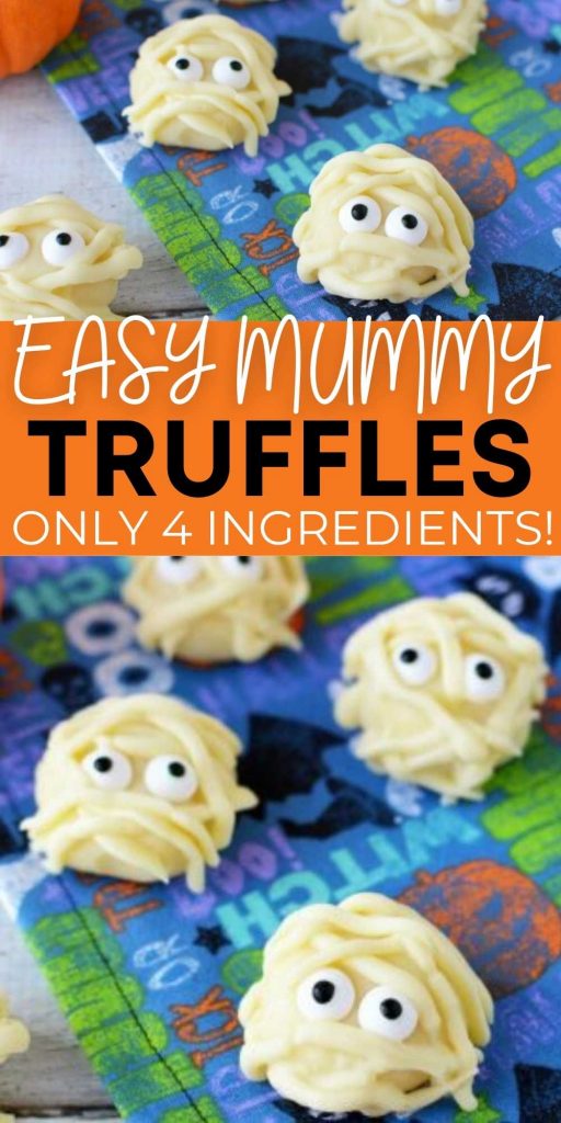 If you're looking for an easy Halloween treat, try Mummy White Chocolate Truffles.  Only a few ingredients needed for White chocolate truffles recipe. So fun! This easy dessert is easy to make with only 4 ingredients.  #eatingonadime #halloweenrecipes #halloweendesserts #trufflerecipes #whitechocolate
