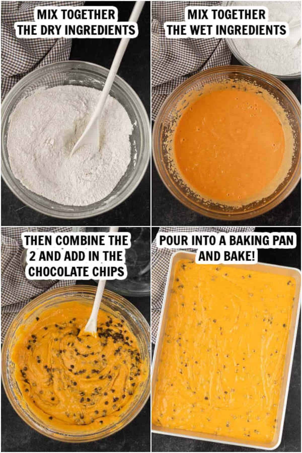Photos showing how to make pumpkin chocolate chip bars.  The dry ingredients mixed together in a large bowl.  the wet ingredients mixed together in a separate bowl.  The dry ingredients stir into the wet ingredients, then the chocolate chips mixed in.  The mixture pulled into a baking dish and ready to bake.  
