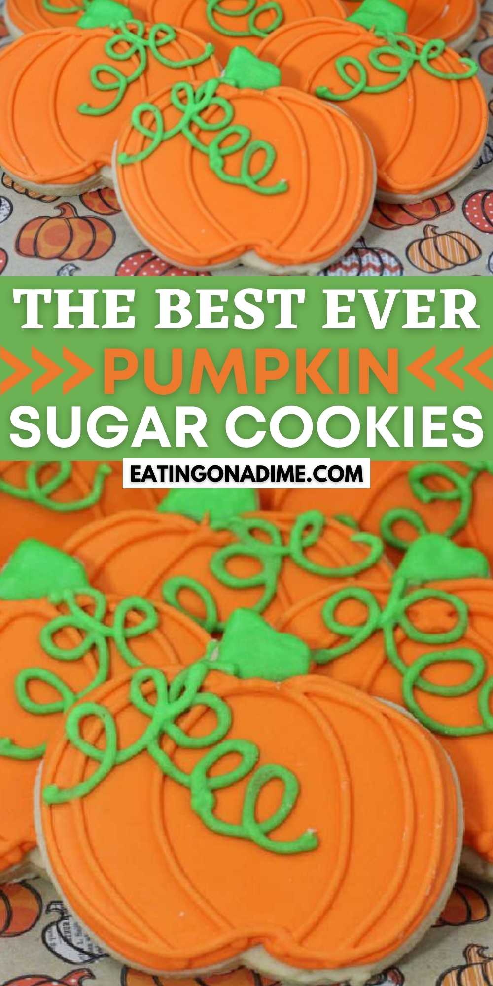 How to make and decorate these adorable pumpkin sugar cookies.Your family will love these Pumpkin Cut Out Cookies decorated with royal icing. Easy to make Pumpkin Sugar Cookie Recipe. You will love these decorated easy pumpkin cookie recipe.  #eatingonadime #cookierecipes #halloweenrecipes #pumpkinrecipes 
