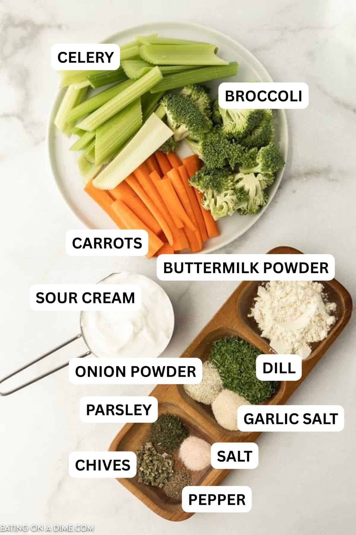 Ingredients for recipe: sour cream, buttermilk powder, parsley, dill, dried chives, onion powder, garlic salt, salt, pepper.
