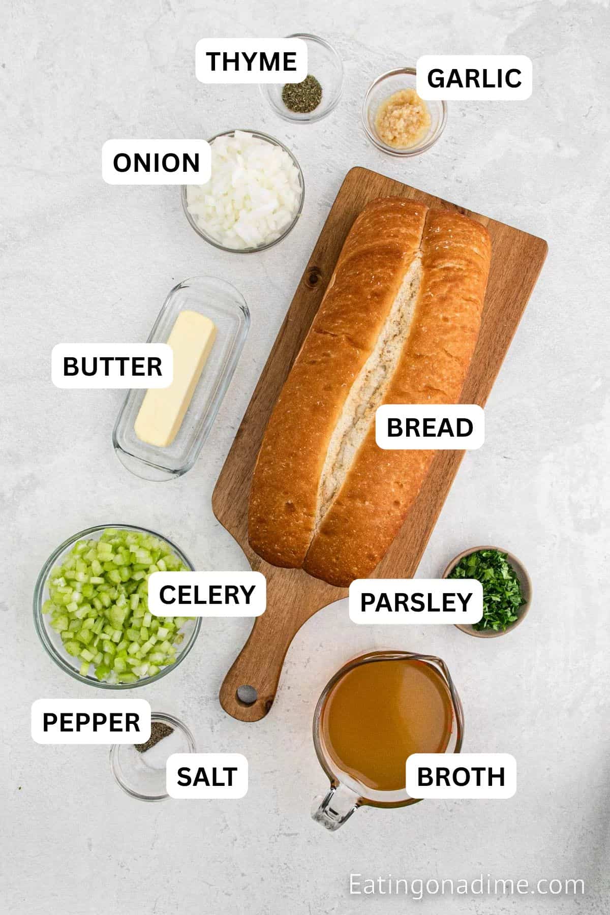 Ingredients for stuffing: onion, butter, seasoning, bread.