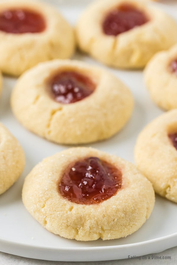 Close up image of Thumbprint Raspberry Cookies on a platter. 