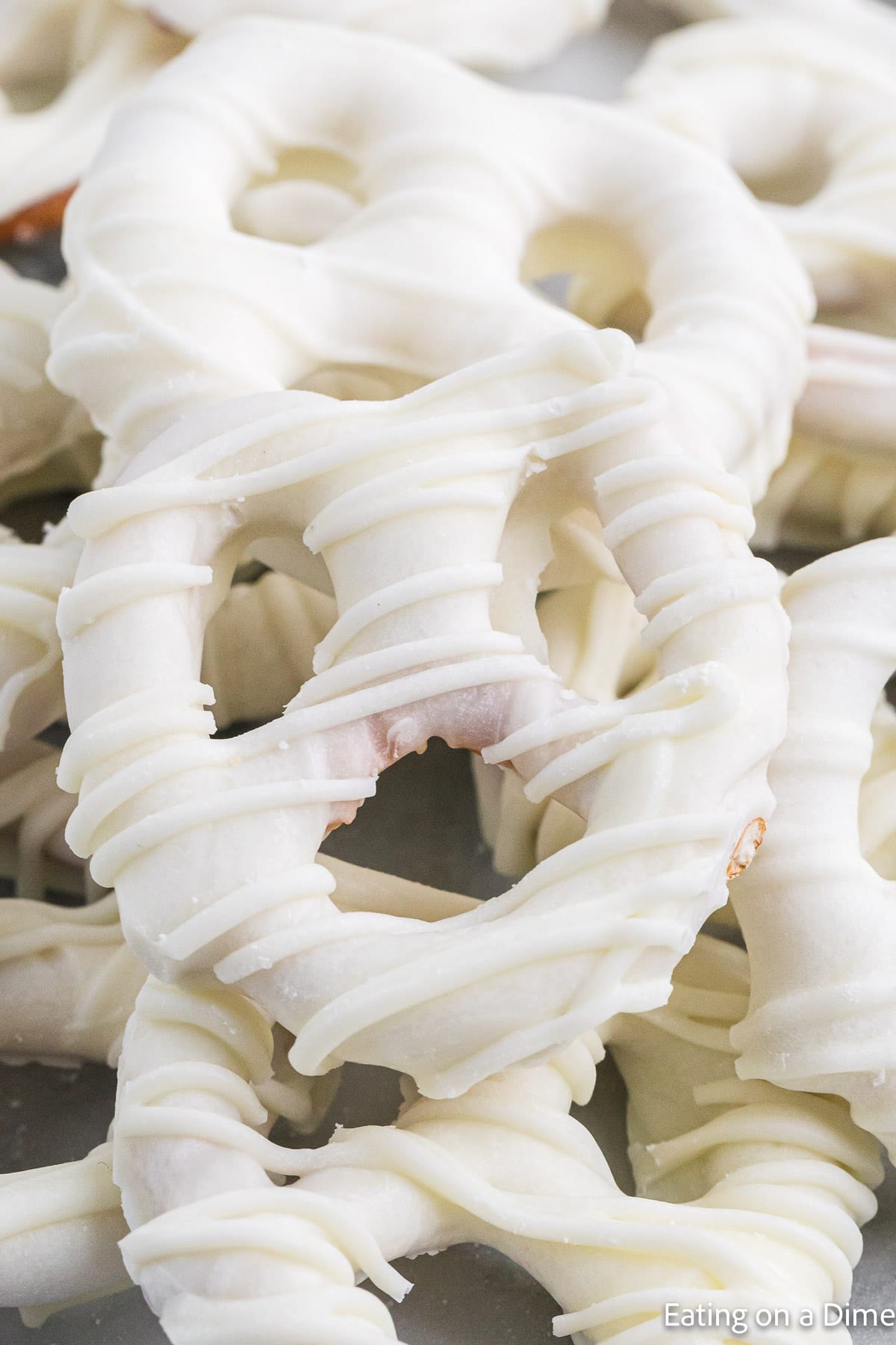 Close up image of white chocolate pretzels