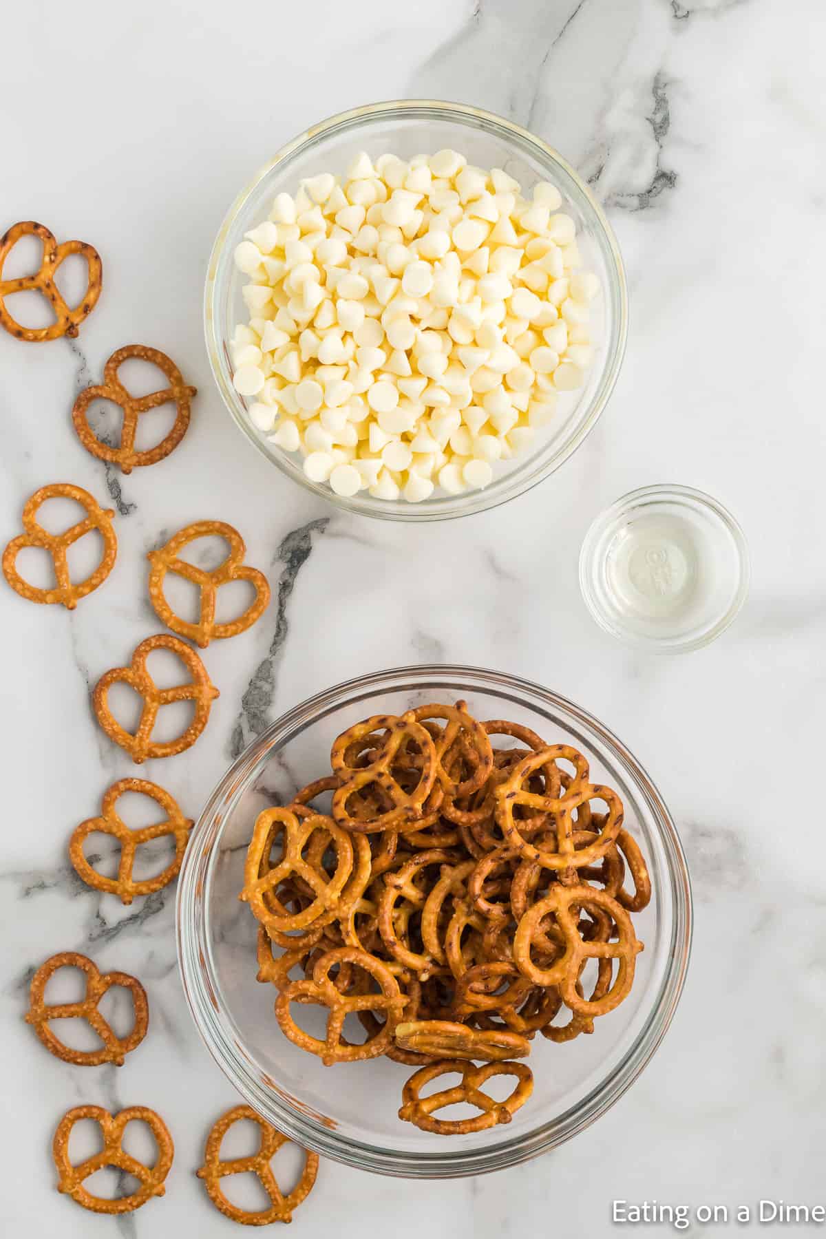 White Chocolate Covered Pretzels ingredients - pretzels twists, white chocolate chips, and vegetable oil