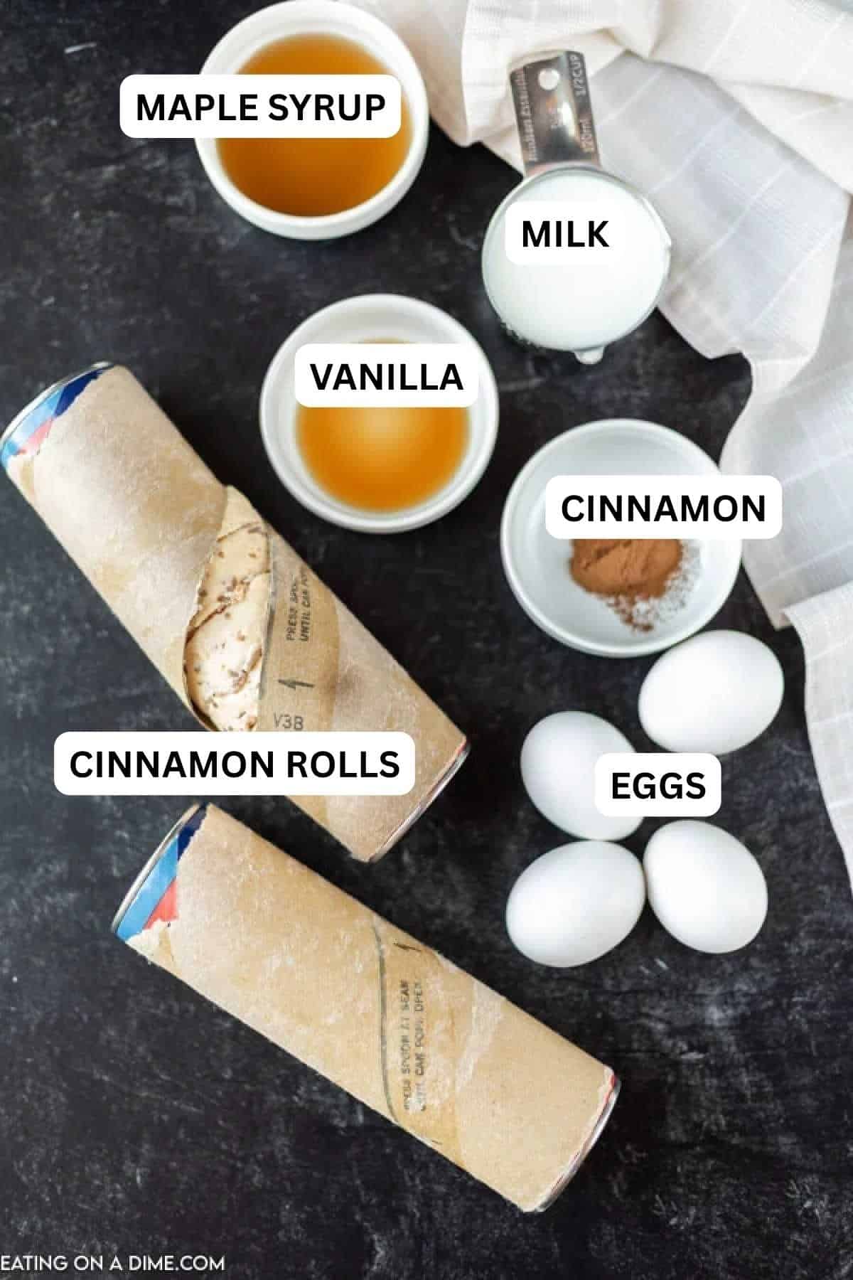 Quick and easy Crock pot Cinnamon Roll Casserole. It is the perfect breakfast casserole to throw together in minutes. Cinnamon rolls just got easier! Ingredients for recipe: maple syrup, milk, vanilla, cinnamon, eggs, cinnamon rolls.