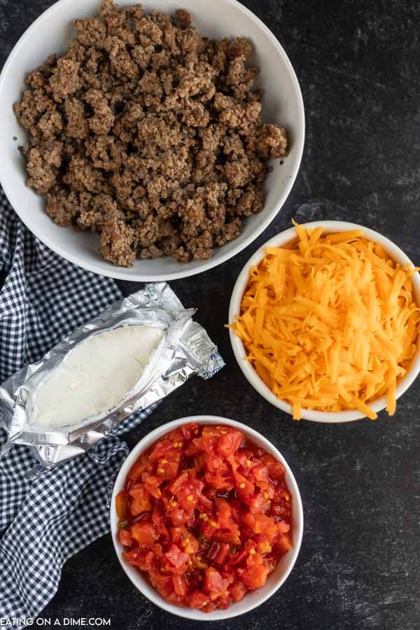 Ingredients for recipe: ground beef, cheese, cream cheese, tomatoes.