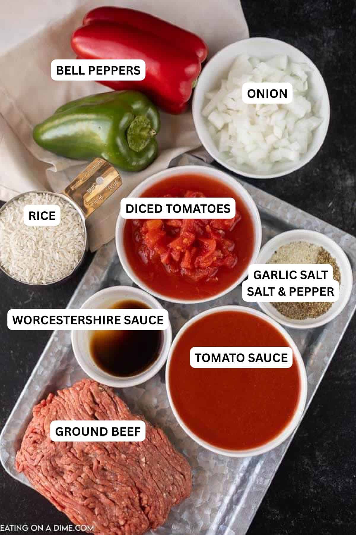 Ingredients for recipe: bell peppers, onion, rice, diced tomatoes, garlic salt, salt & pepper, Worcestershire sauce, tomato sauce, ground beef.