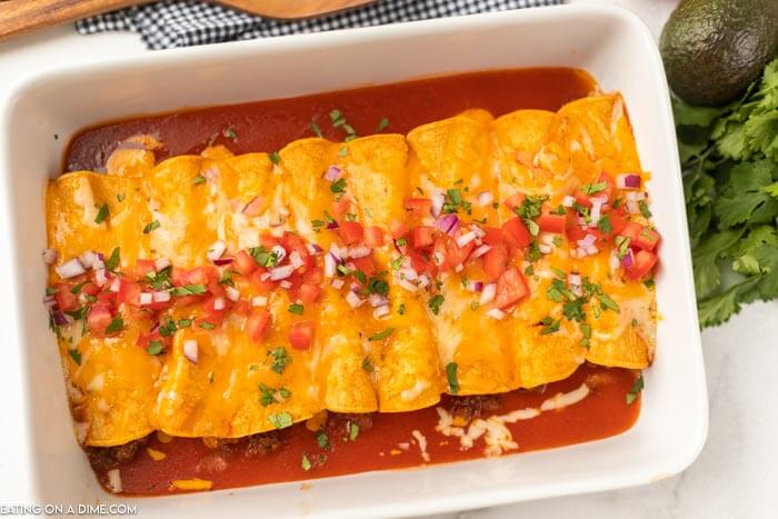 Baking dish with enchiladas. 