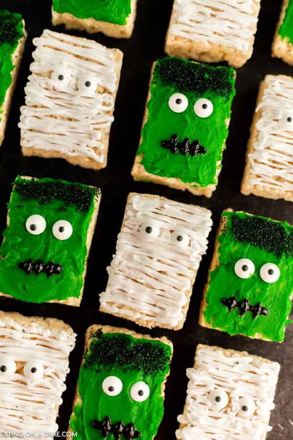 rice krispie treats decorated as monsters and mummies