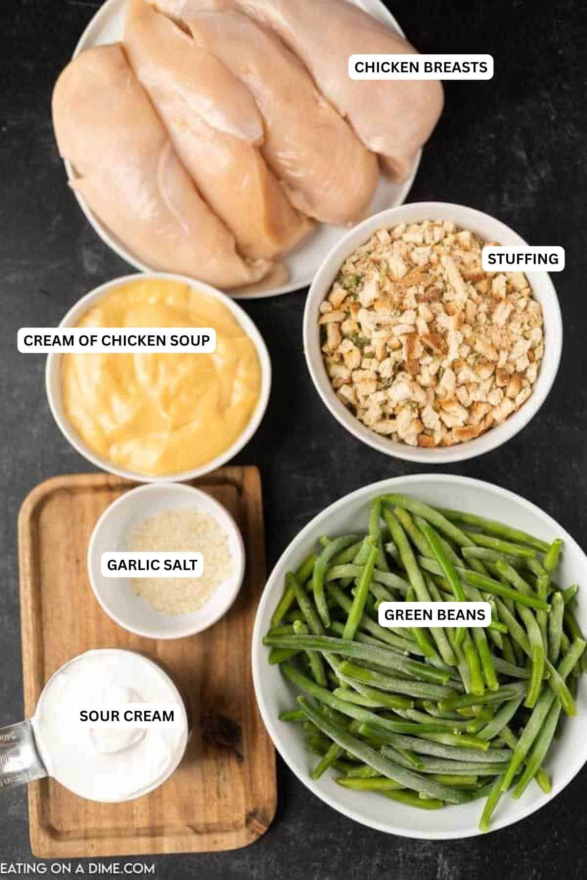 Instant Pot Chicken and Stuffing Recipe is the best comfort food. With very little work, Instant pot chicken and stuffing casserole comes together quickly. Ingredients for recipe: green beans, sour cream, garlic salt, cream of chicken soup, stuffing and chicken.