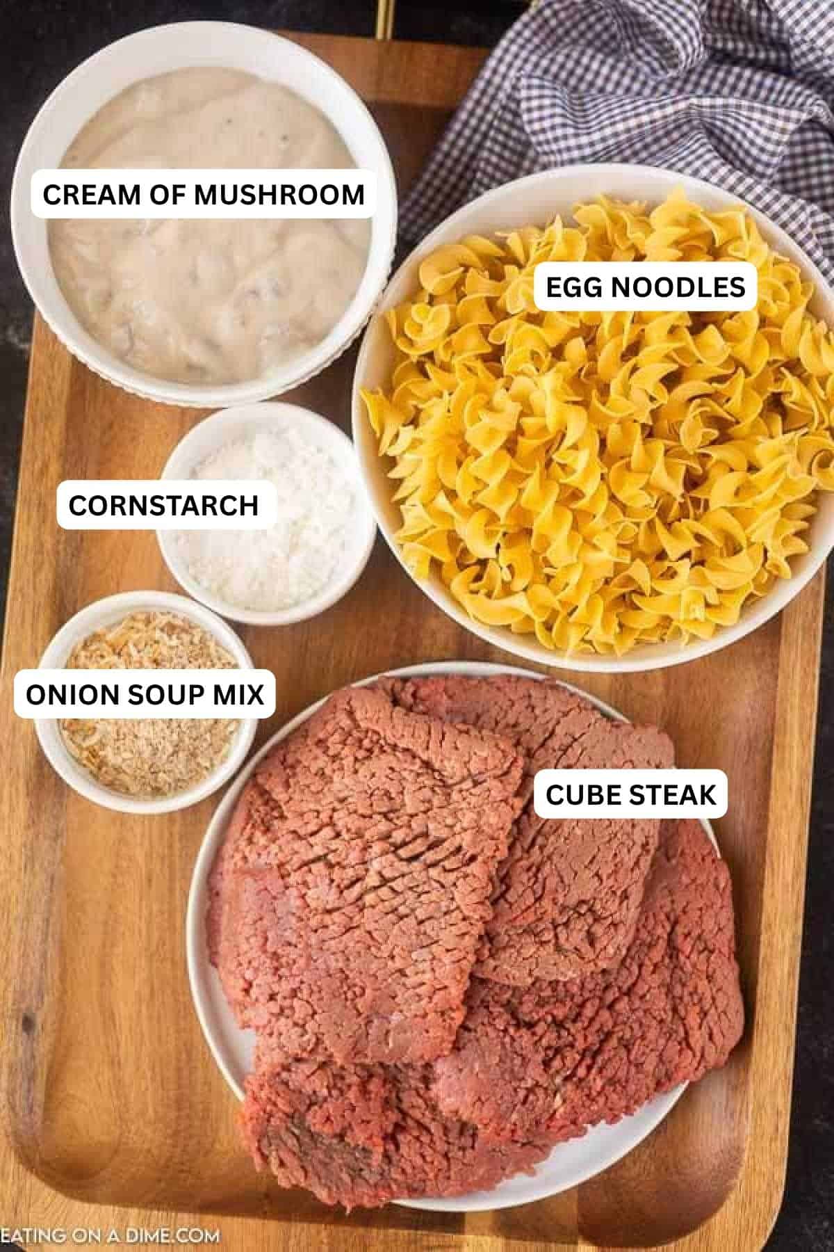 Ingredients for recipe: cube steak, onion soup mix, cornstarch, cream of mushroom soup and egg noodles.