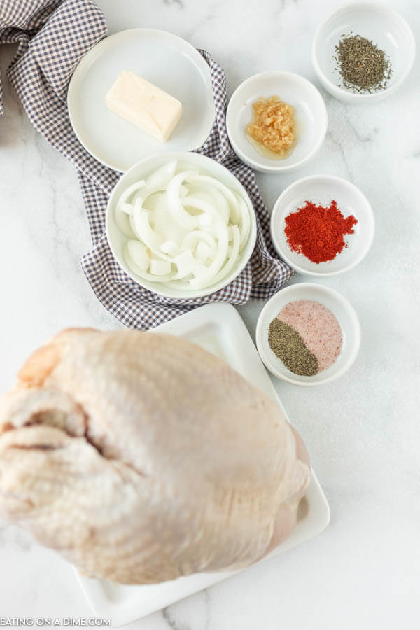 ingredients for recipe: turkey, onion, butter, seasoning.