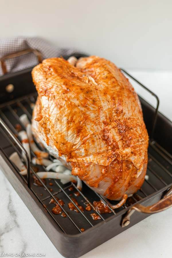 roasted turkey in roasting pan.