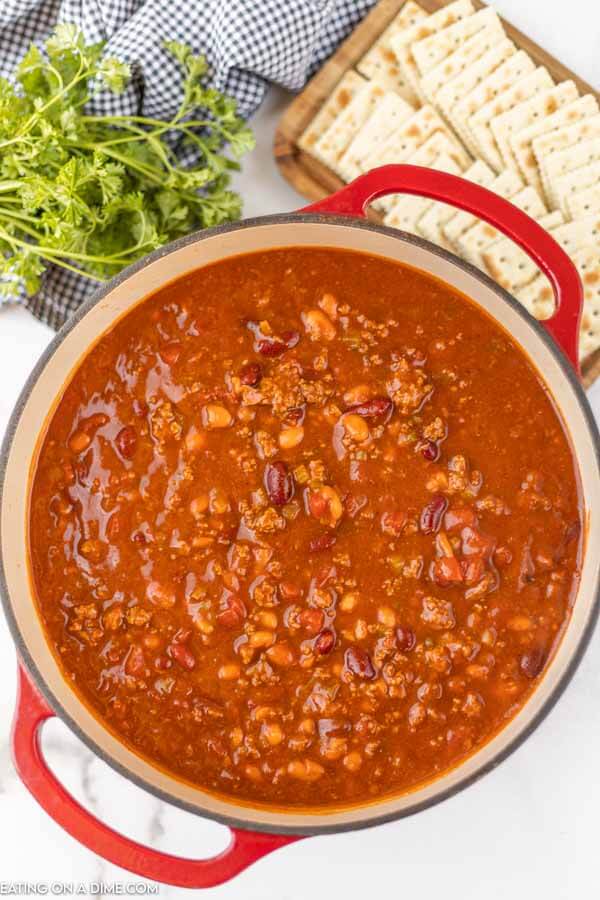 Close up image of Wendy's Chili in a dutch oven. 